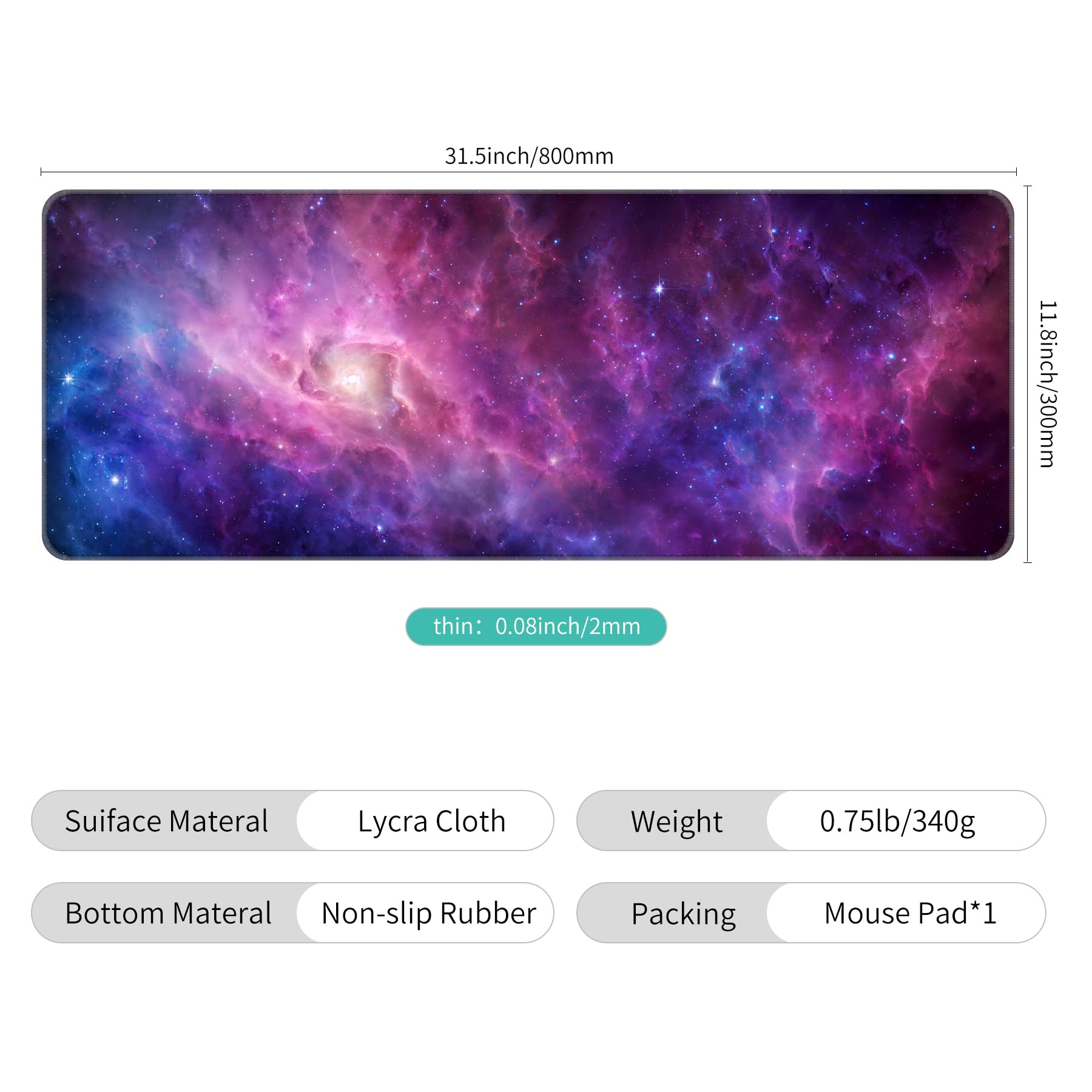 Dynippy Large Thin Mouse Pad with Stitched Edges, Galaxy Nebula