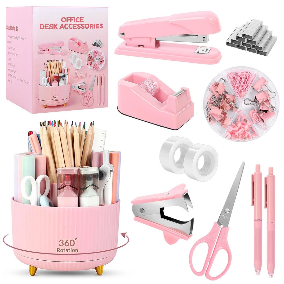 SKYDUE Pink Office Supplies Set, Pencil Holder for Desk,Gel Pen, Stapler, Tape Dispenser
