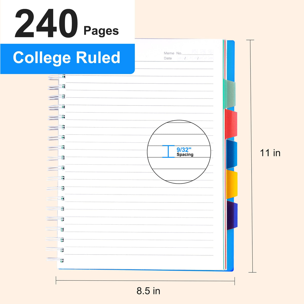 Yoment 5 Subject Notebook 8.5 x 11 Large Spiral Notebook with Dividers