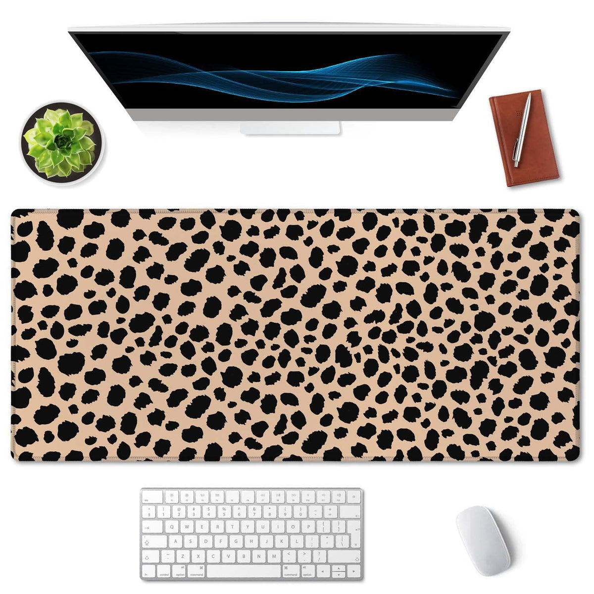 SSOIU Leopard Print Cute Desk Mat, Extra Large Non-Slip Rubber Mousepad - 35.5x15.7 in, Extended