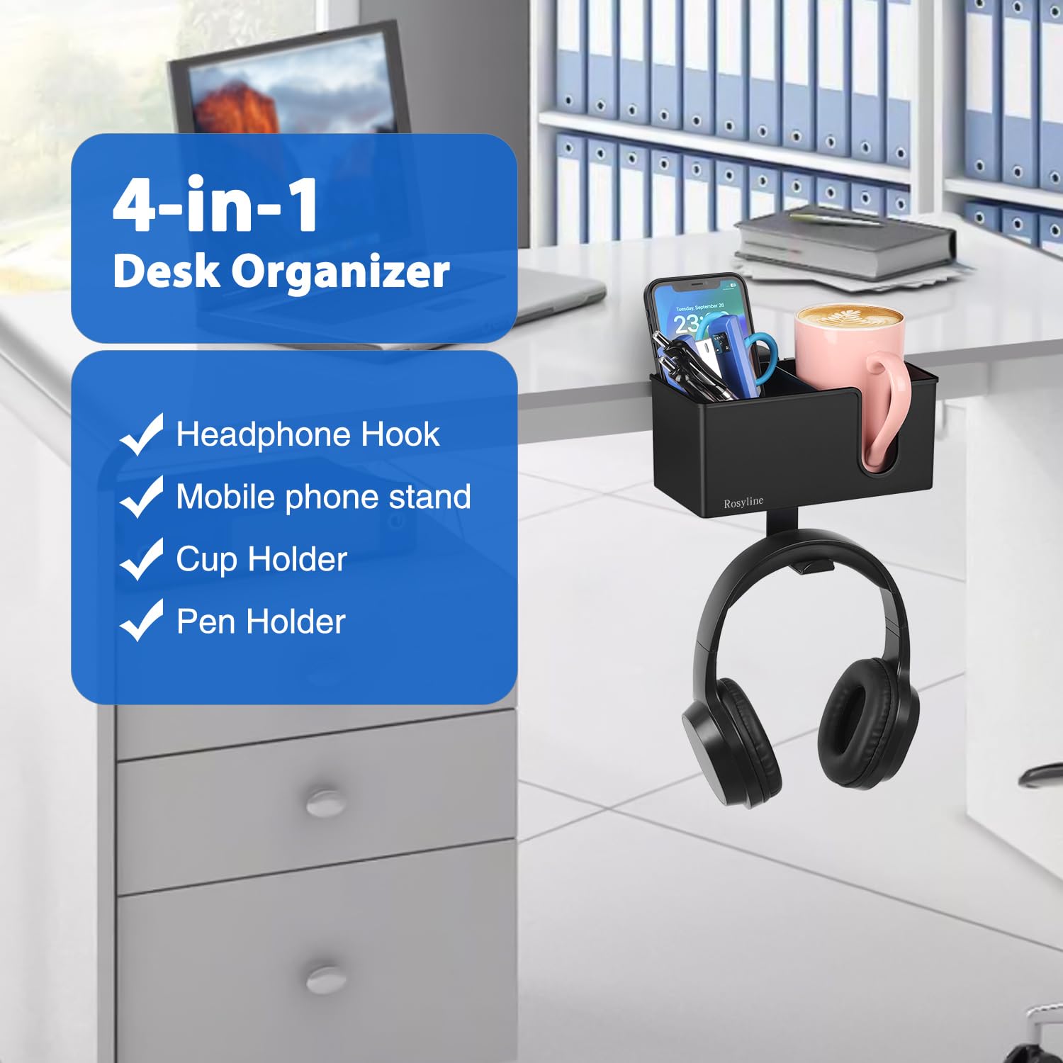 Rosyline 3-in-1 Clip-on Cup Holder for Desk with Desktop Organizer