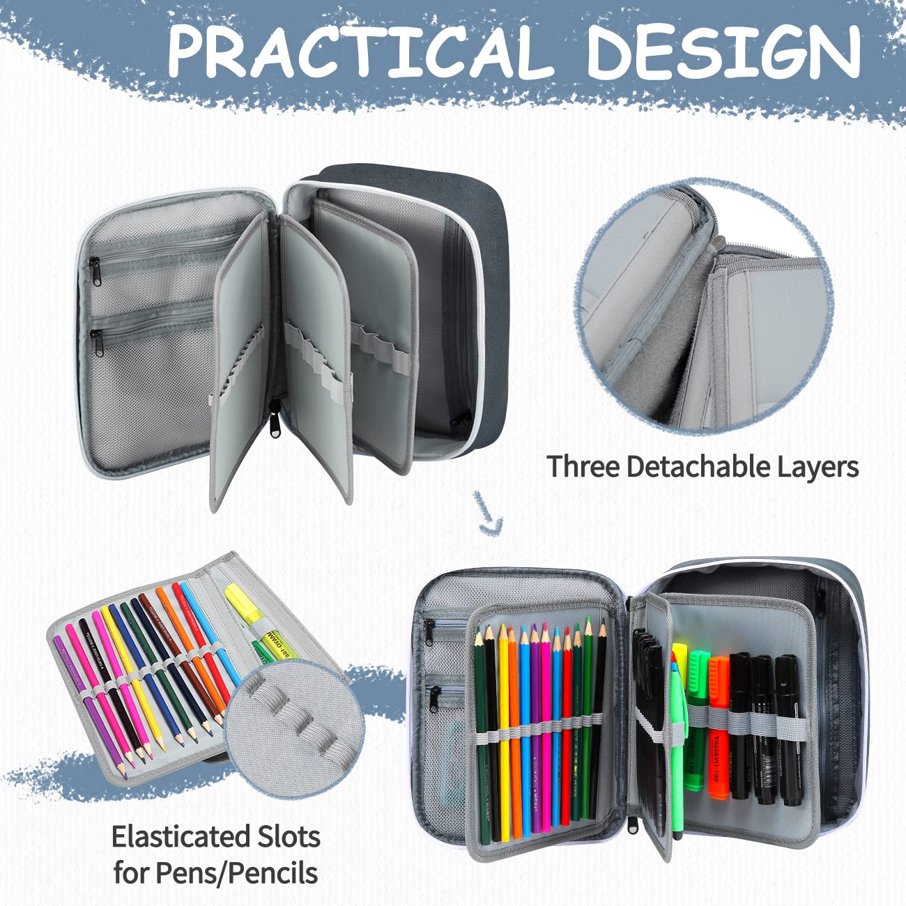 VASCHY Large Pencil Case, Art Color Pencils Pouch with Detachable Layers Multiple Zip Pockets for