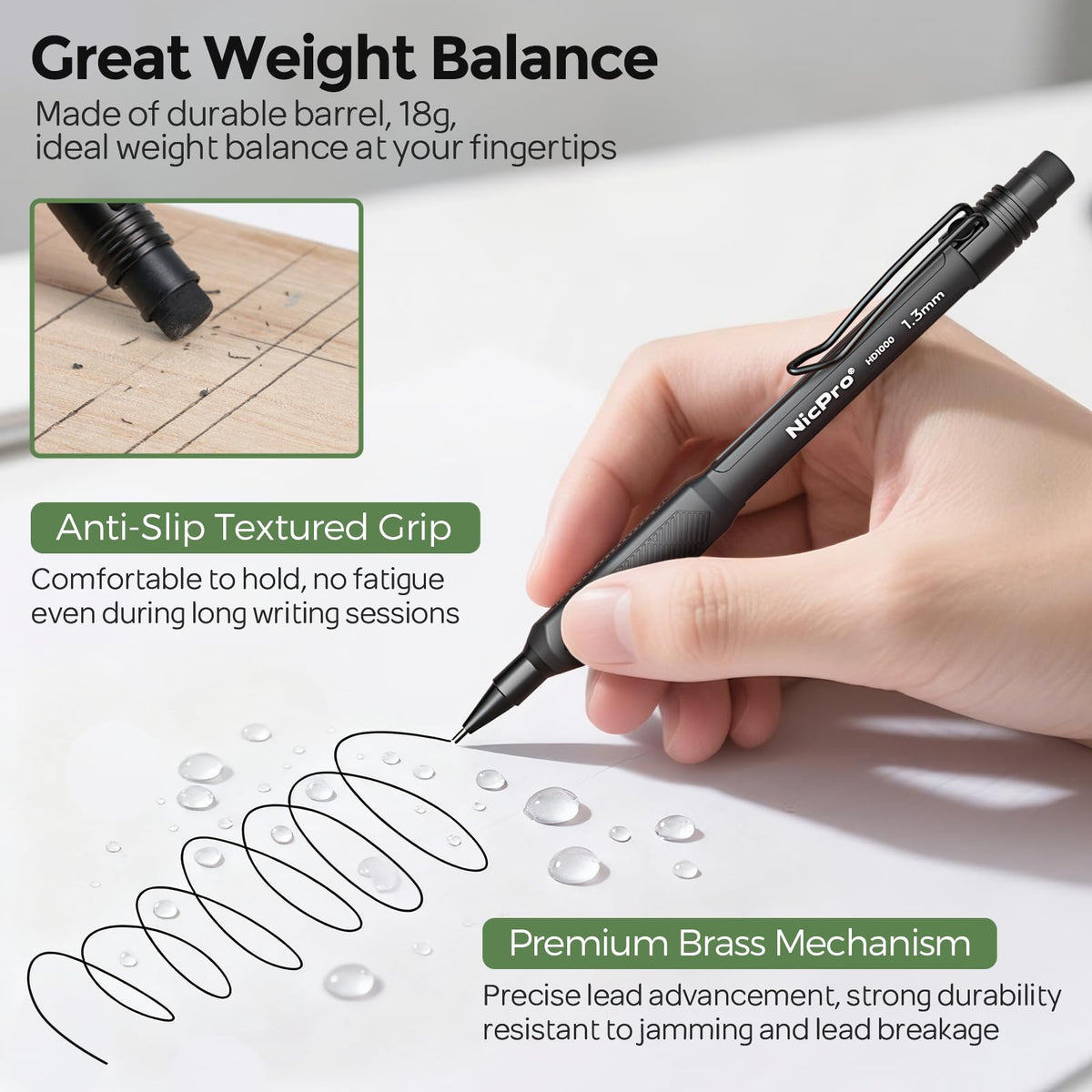 Nicpro 1.3 mm Mechanical Pencils Set 3 Colors, HD1000 1.3 Lead Pencil, 3Pcs