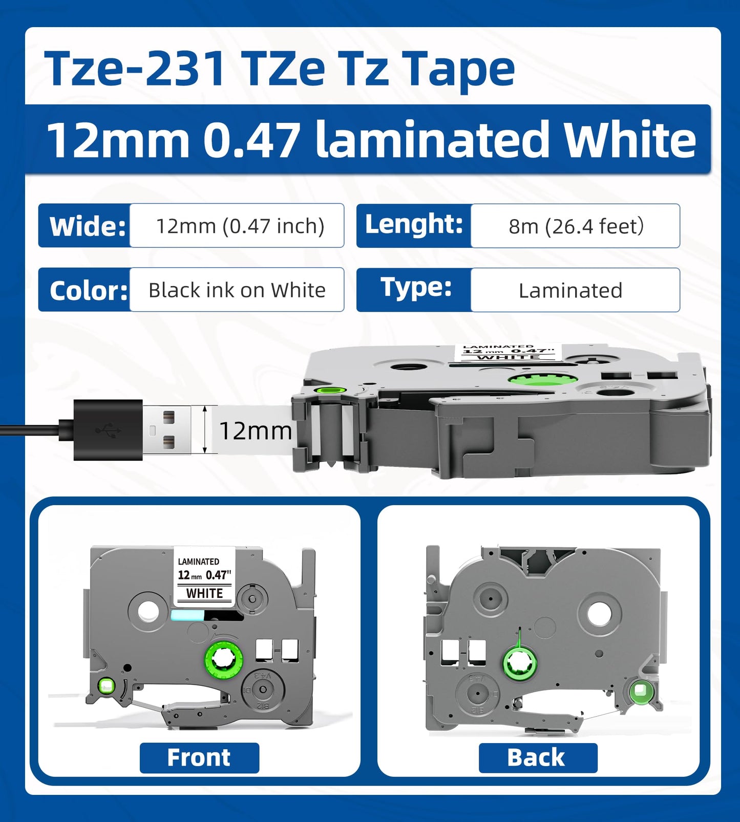 Replacement for Brother P-Touch TZe-231 Label Maker Tape
