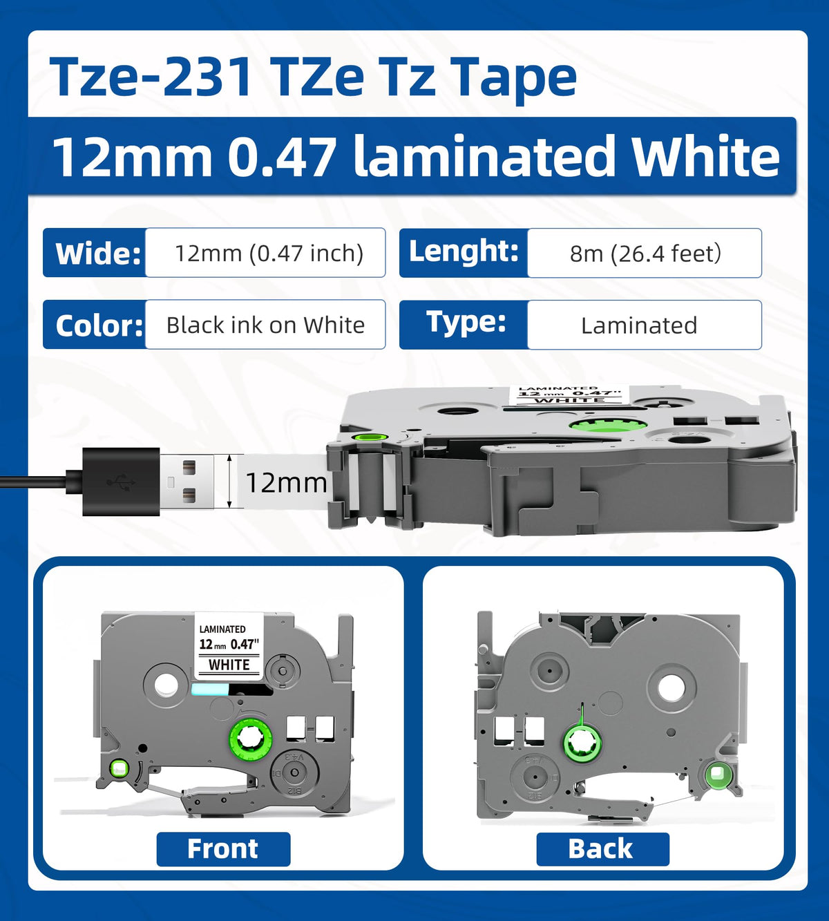 Replacement for Brother P-Touch TZe-231 Label Maker Tape