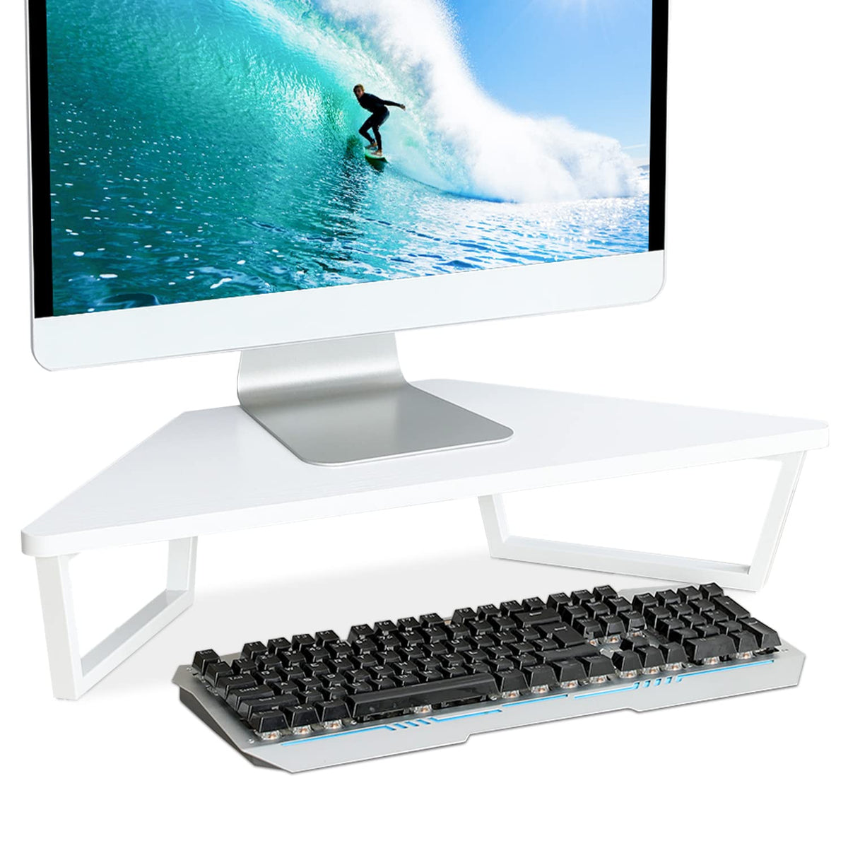 TEAMIX 26 inch White Triangle Monitor Stand Riser, Desktop Corner Shelf with Metal Leg Wood