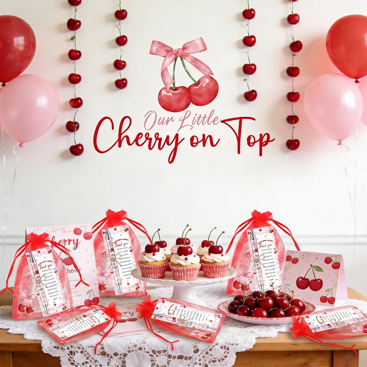 EYNDYN 145 Pieces Cherry Baby Shower Gifts for Guest Cherry on Top Ballpoint Pens and Keychains