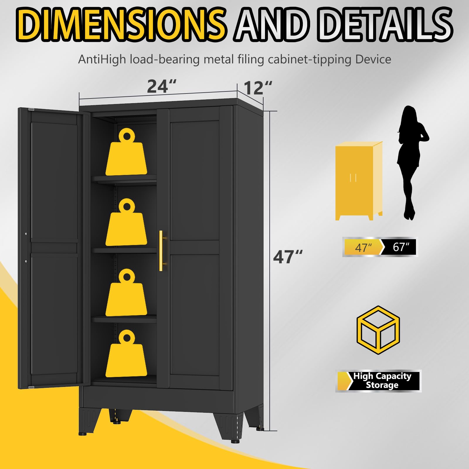 PAOFIN Metal Storage Cabinet with 2 Doors and 3 Adjustable Shelves, Metal Garage Storage Cabinets