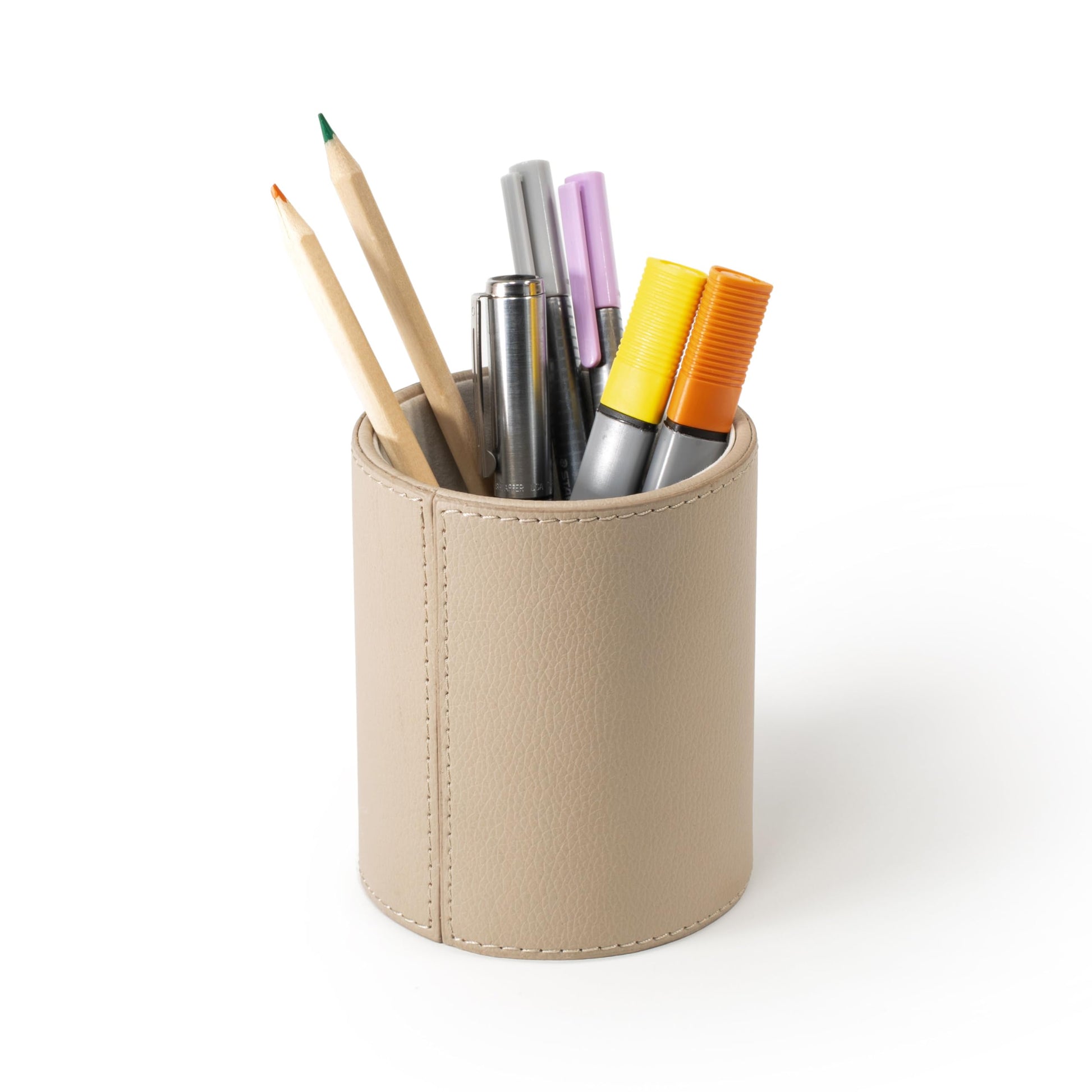 Osco Faux Leather Pen Pot, Desk Pencil Holder with Wipe-Clean Finish, Compact Round Desk Organizer
