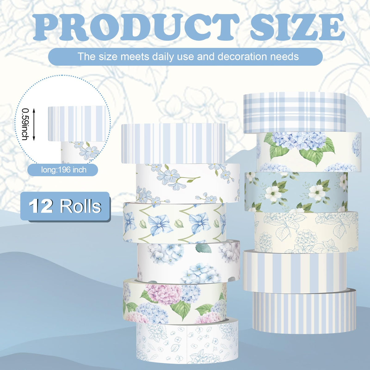 YooNotee 12 Rolls Floral Washi Tape Set,Light Blue,Hydrangea