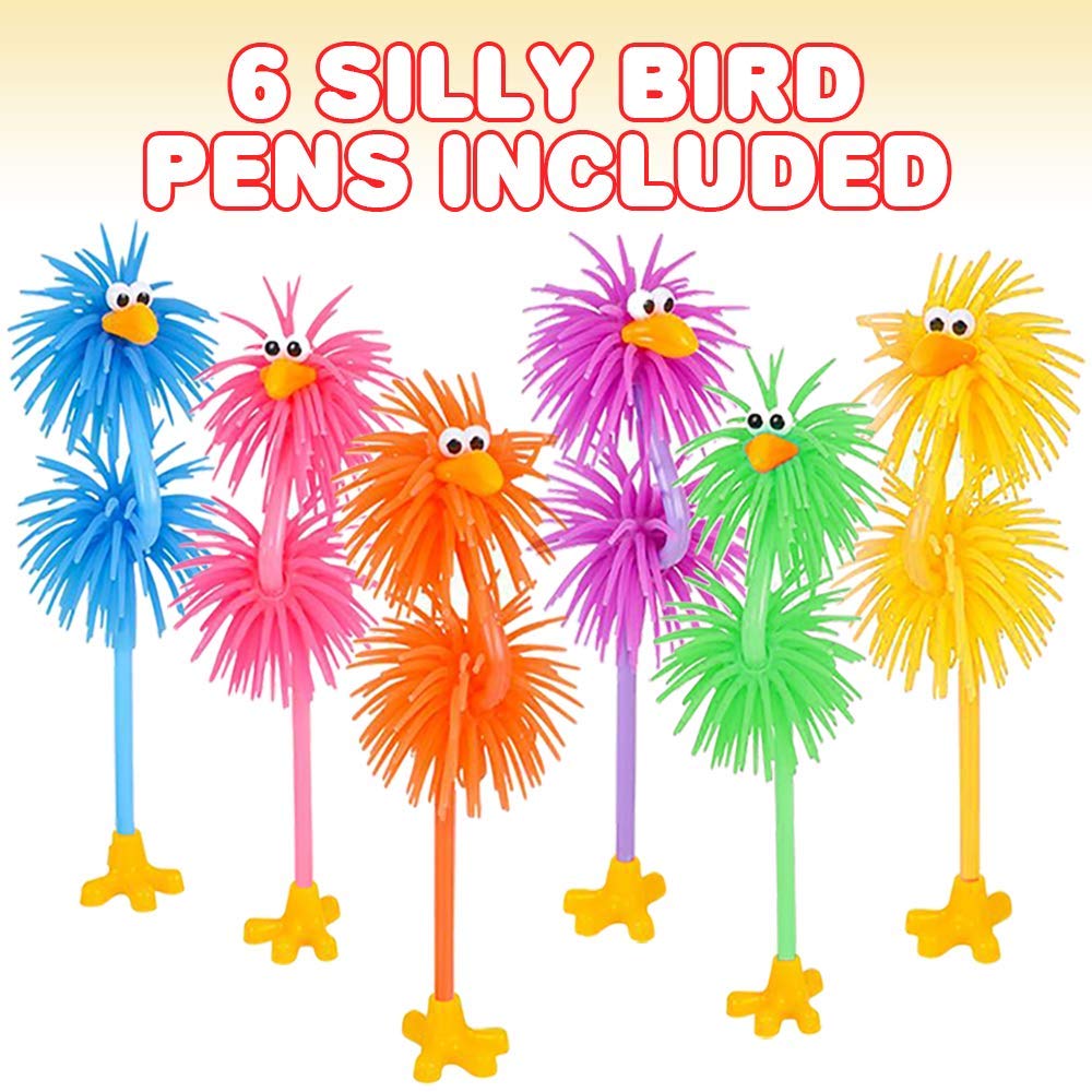ArtCreativity Silly Rubber Bird Pens, Set of 6, Cute Cool Pens School Supplies for Kids, Fidget Fun