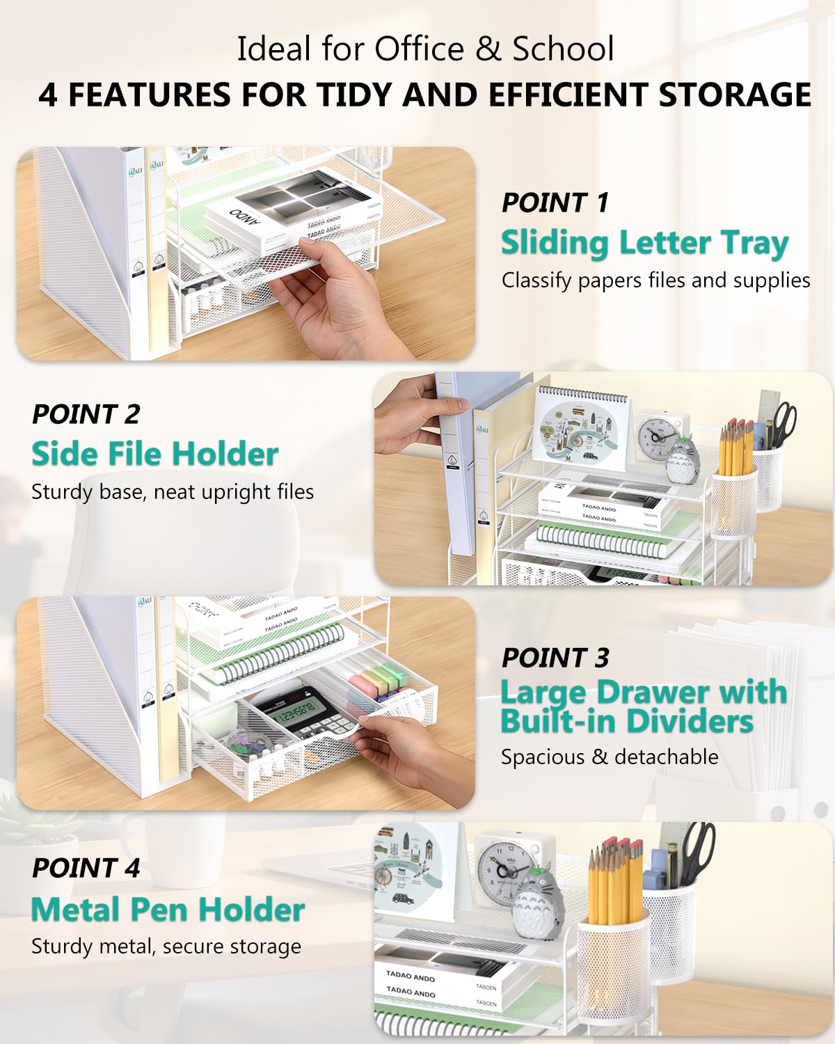 WALI Desk File Organizer, 4 Tier Desktop Paper Letter Tray Organizer with Drawer and 2 Pen Holders