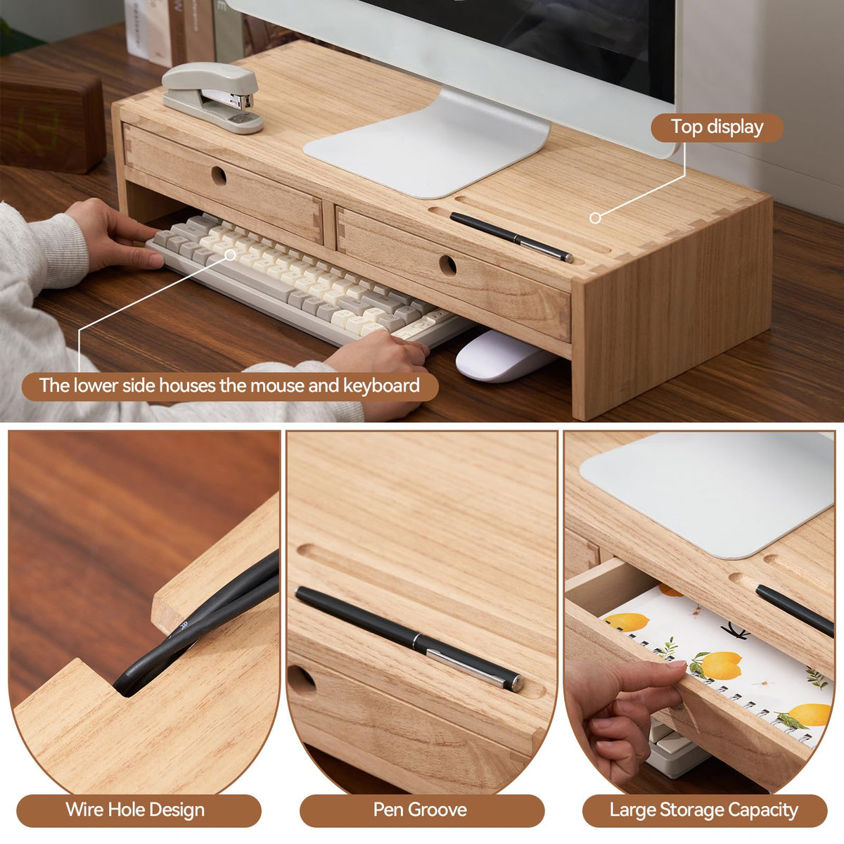 KIRIGEN Solid Wood Monitor Stand with 2 Drawers, Desk Riser, Natural PMJ-NA