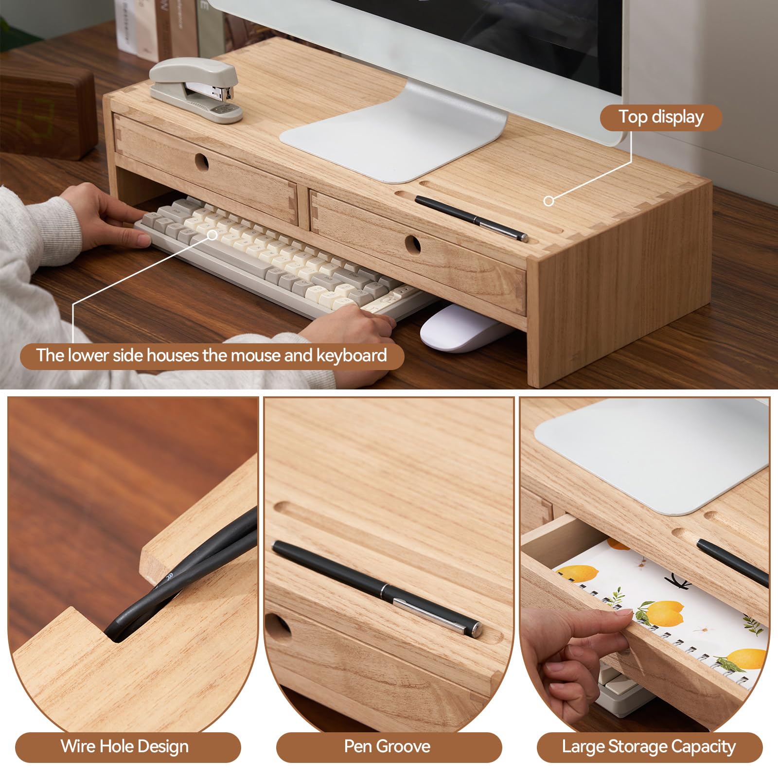 KIRIGEN Solid Wood Monitor Stand with 2 Drawers, Desk Riser, Natural PMJ-NA