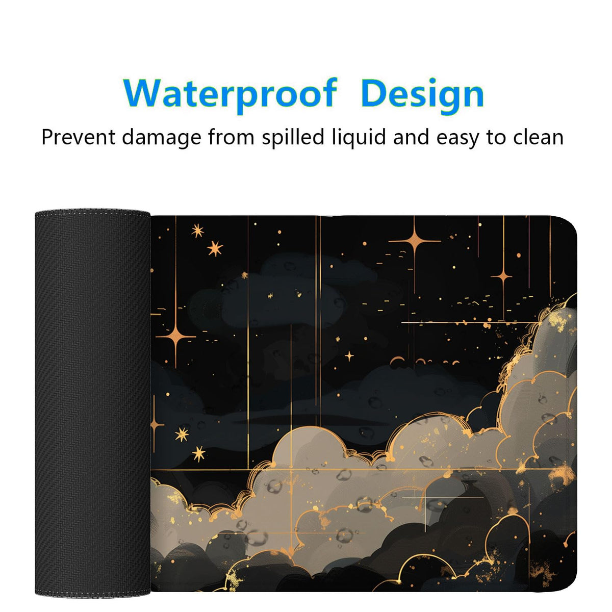 Black Gold Celestial Desk Pad Space Moon Cloud Extended Gaming Mouse Pad Mat with Stitched Edge