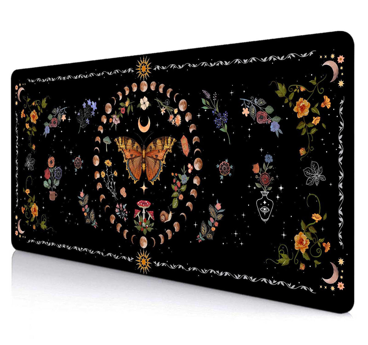SXCKANG Gothic Moth Desk Pad, Black Orange Floral Plant Large Gaming Mouse Pad, Moon Phases