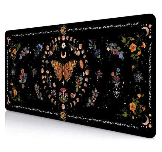 SXCKANG Gothic Moth Desk Pad, Black Orange Floral Plant Large Gaming Mouse Pad, Moon Phases