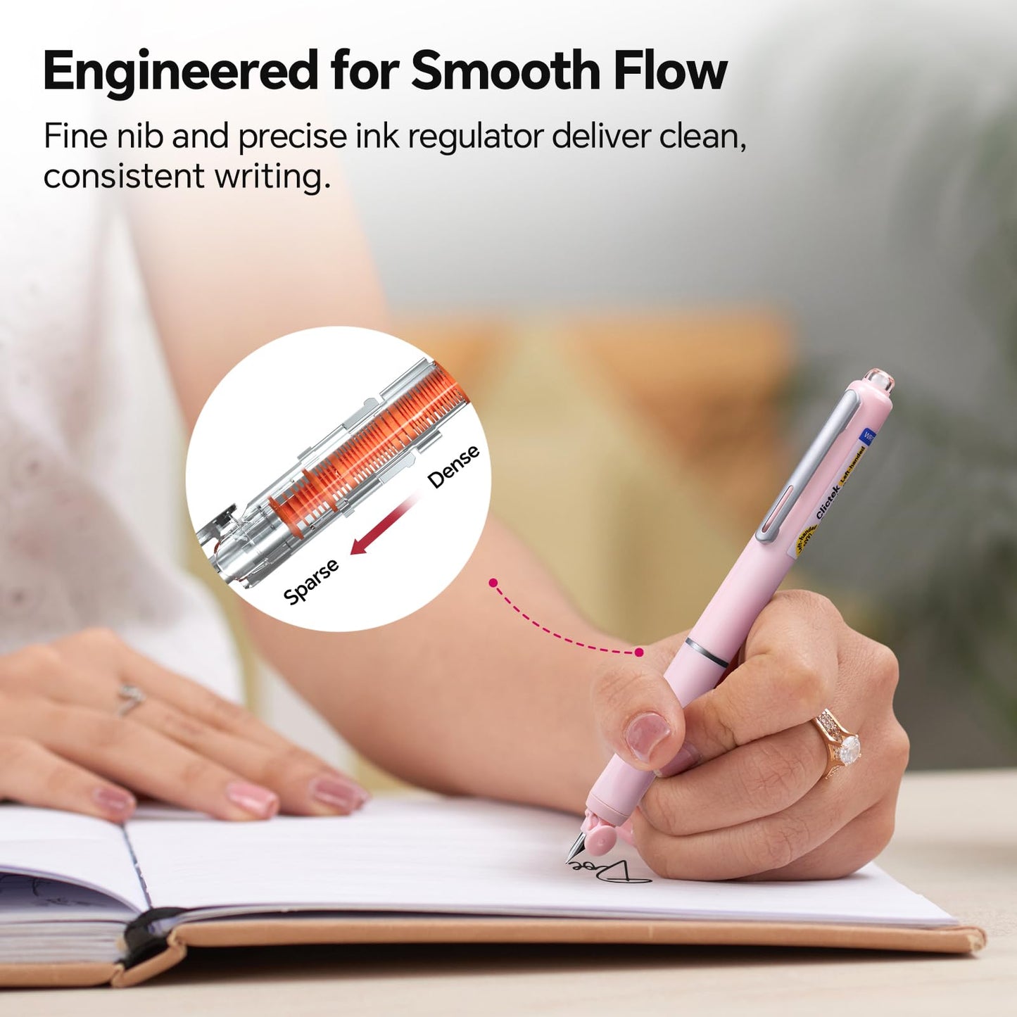 WRITECH Left Handed Fountain Pen: Fine Nib Retractable Black Ink Clictek