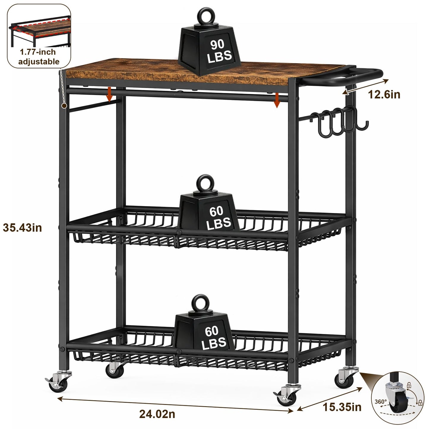 Microwave Kitchen Rolling Cart, 35.43" H Microwave Table Stand with Lockable Wheels, Utility Cart