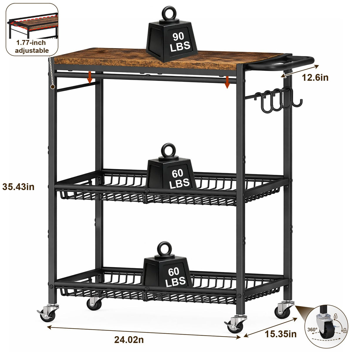 Microwave Kitchen Rolling Cart, 35.43" H Microwave Table Stand with Lockable Wheels, Utility Cart
