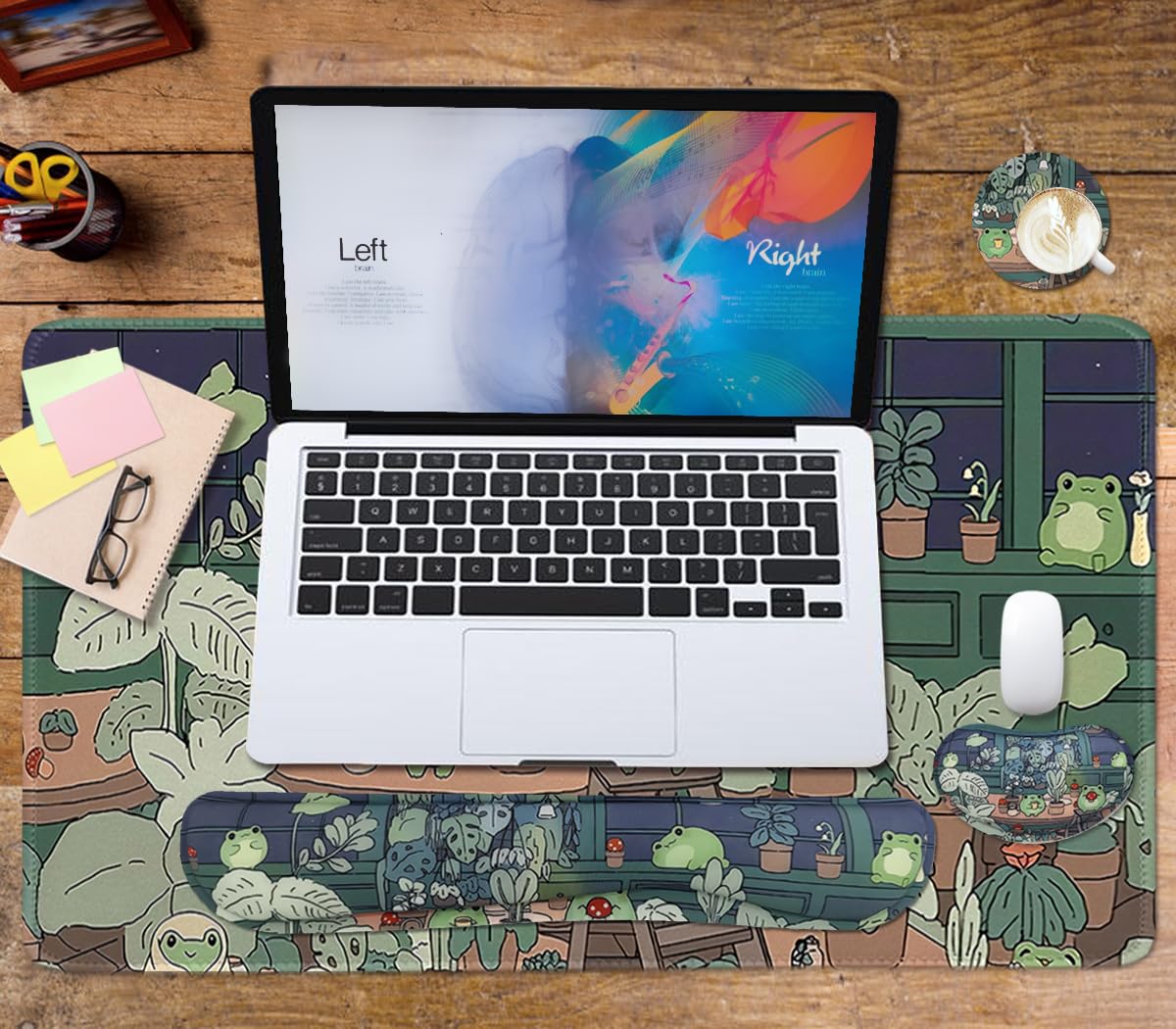 Cute Frog 4 in 1 Large Mouse Pad Set, Kawaii Extended Mouse Pad Set Desk Pad Easy Typing for Typing