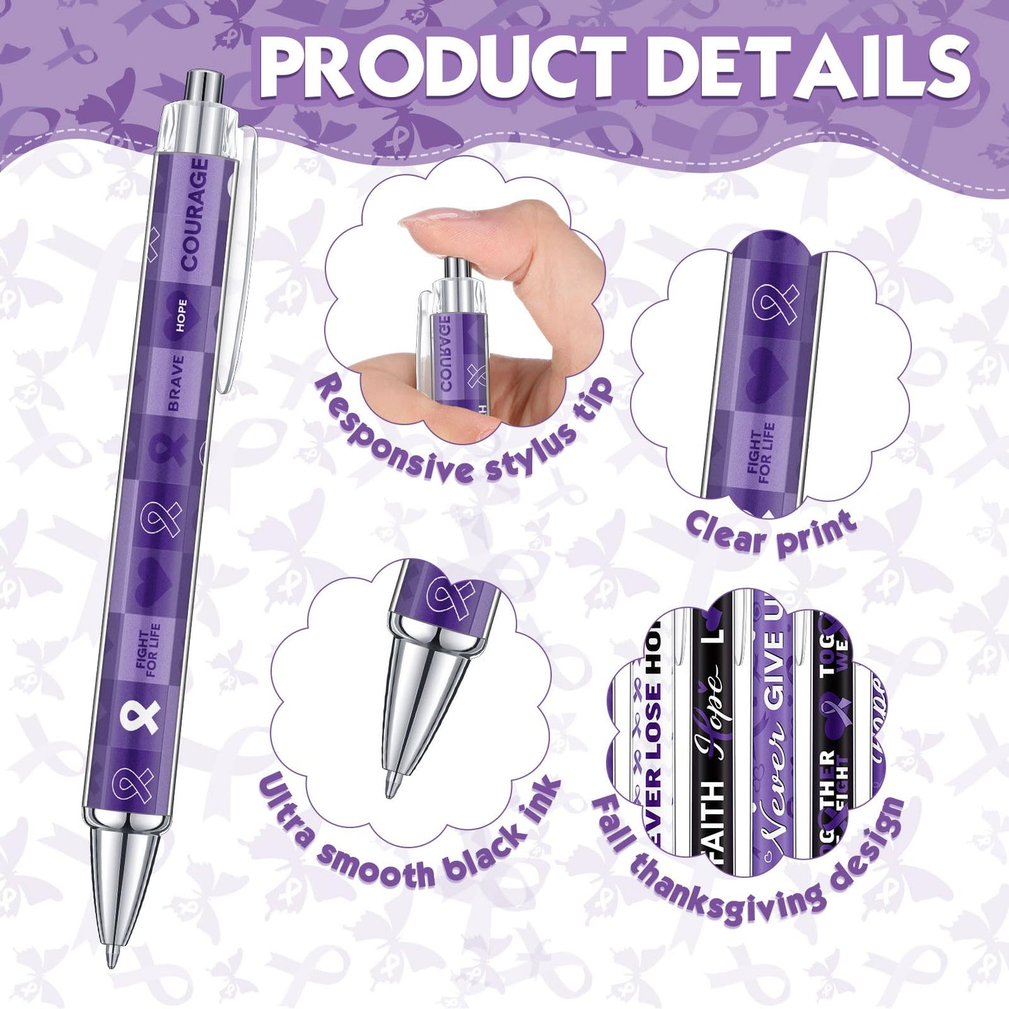 Cholemy 96 Pcs Purple Ribbon Awareness Pens Bulk Pancreatic Cancer, Alzheimer s, Lupus, Animal