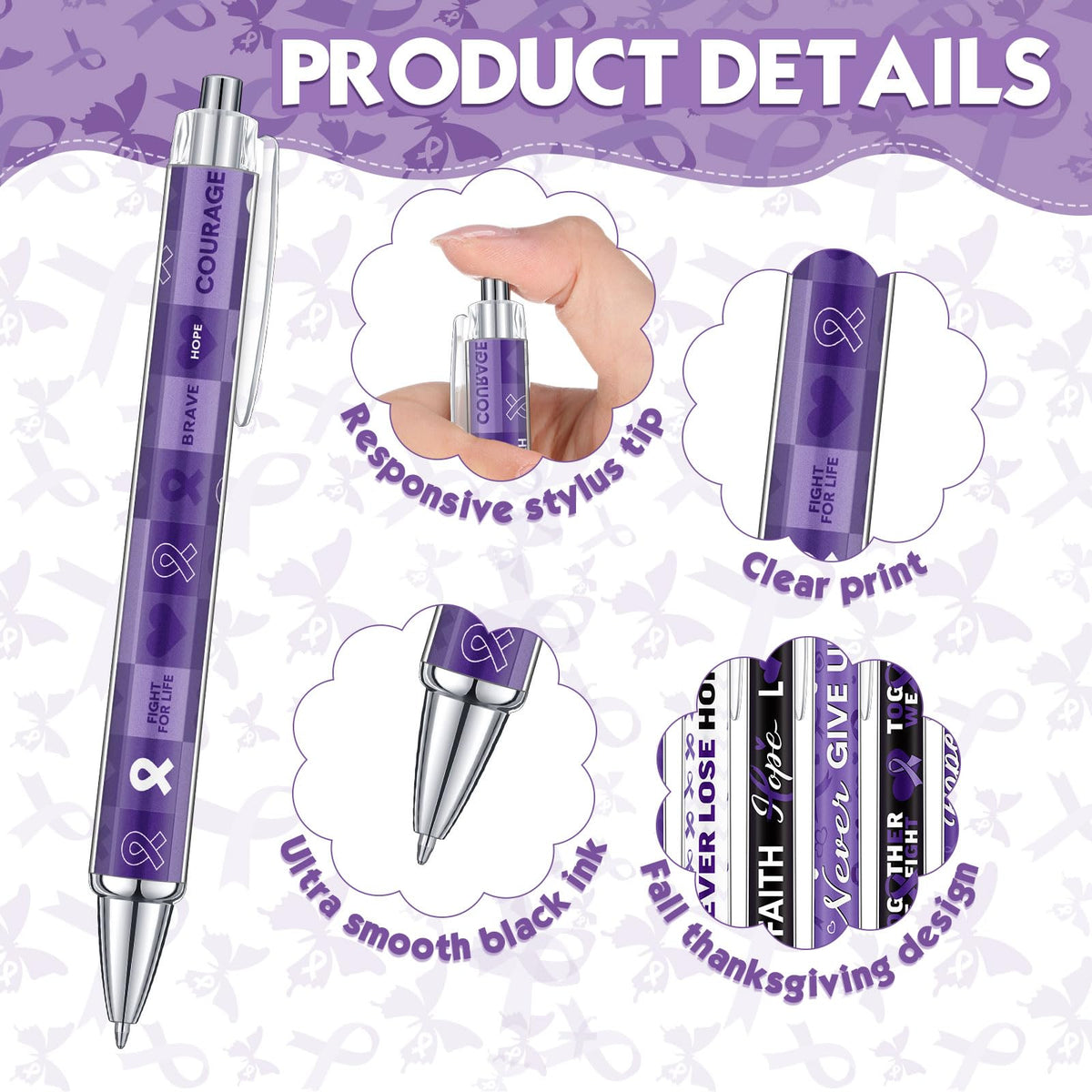 Cholemy 96 Pcs Purple Ribbon Awareness Pens Bulk Pancreatic Cancer, Alzheimer s, Lupus, Animal