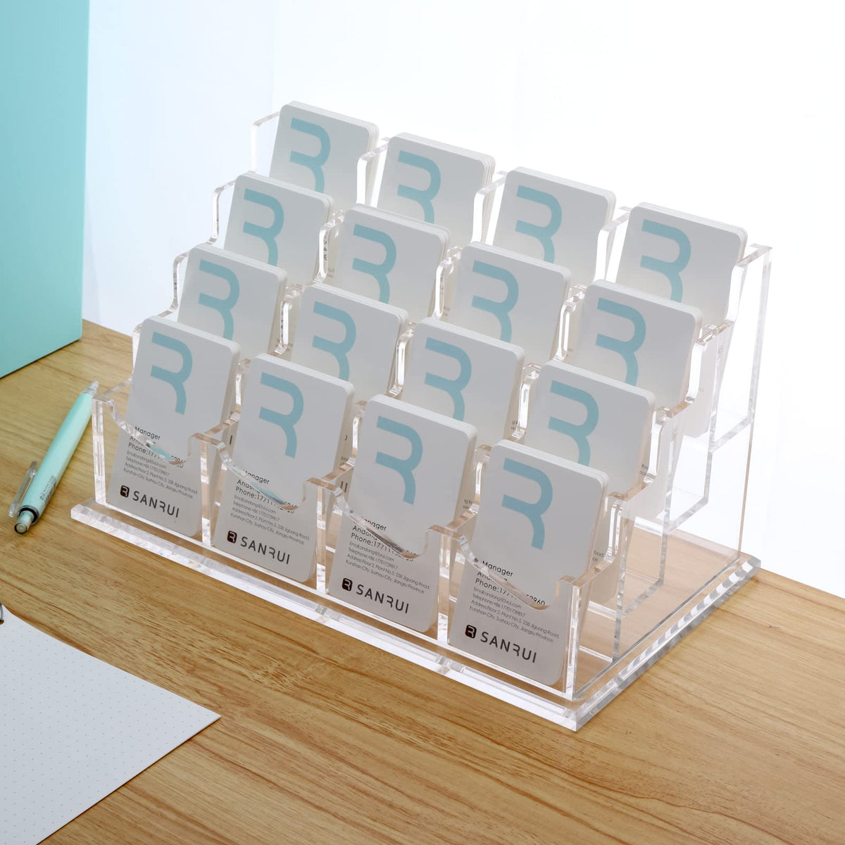 SANRUI Acrylic Vertical Business Card Holder for Desk, 4 Tier 16 Slot