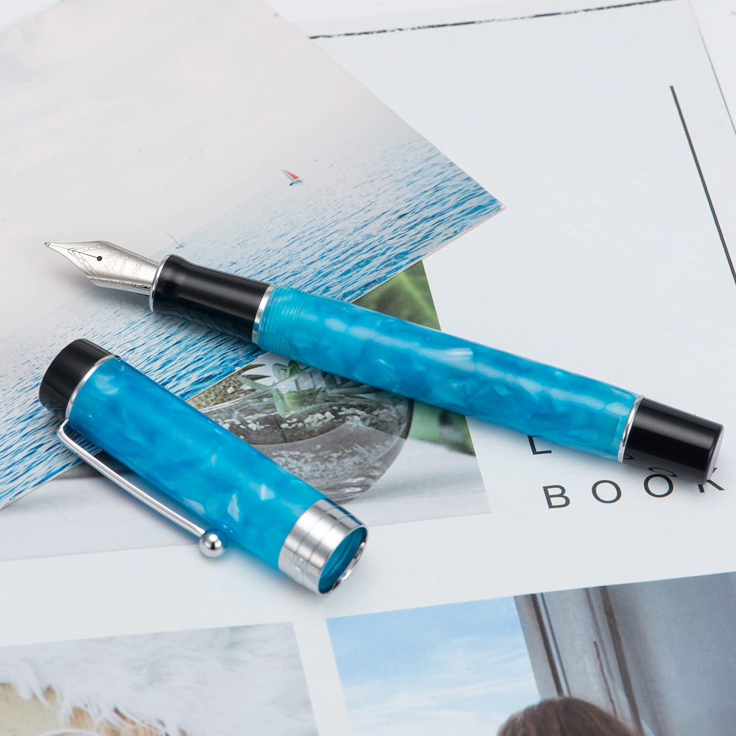 Jinhao 100 Fountain Pen Classic Style Sky Blue Acrylic, Fine Point with Converter and Silver Trim