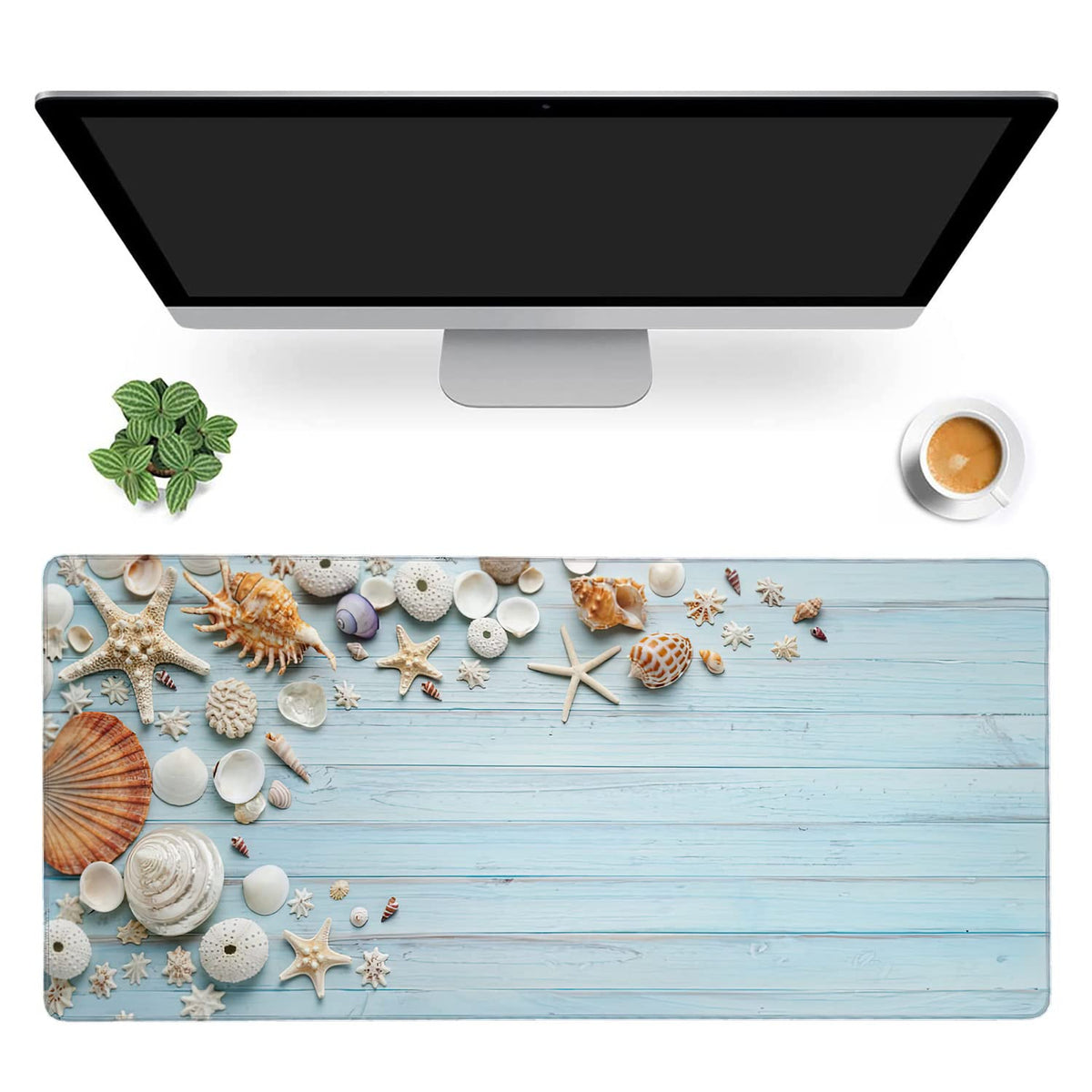 Shells on Blue Wood Large Mouse Pad Extended Gaming Mouse Pad Waterproof Desk Mat with Stitched