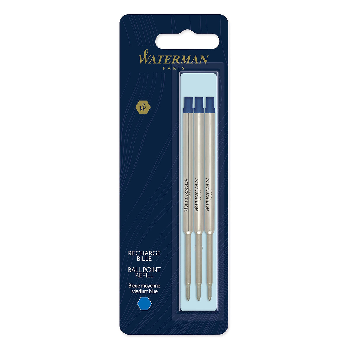 Waterman Ballpoint Pen Refill, Medium Point, Blue Ink, 3 Count