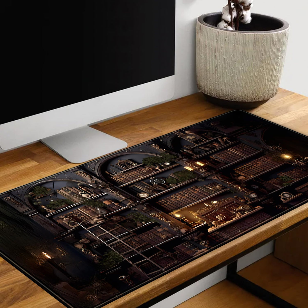 Black Vintage Gothic Desk Mat Black Dark Academia Desk Pad Medieval Bookshelf Large Flower Mouse