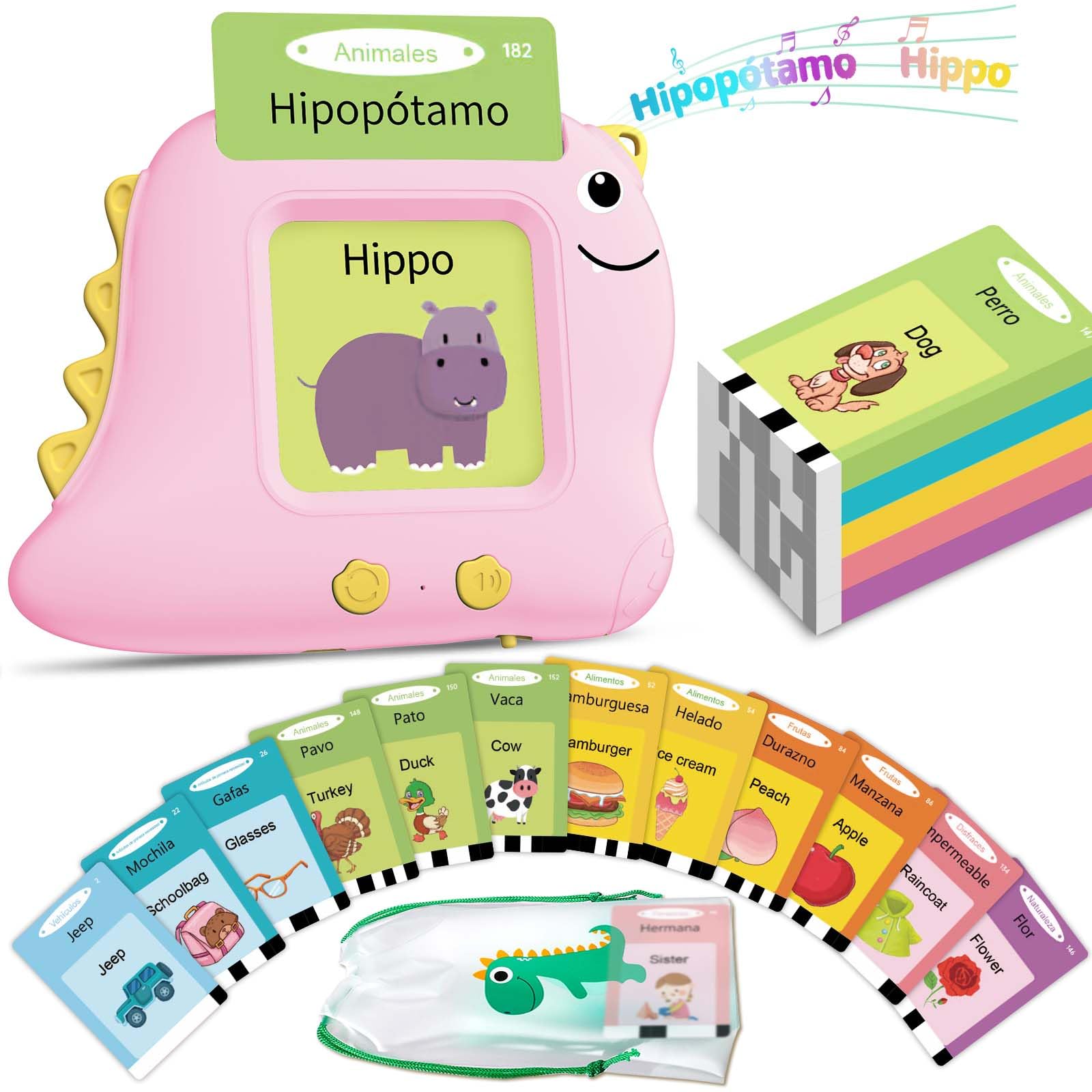 Alotwan Spanish Talking Flash Cards, Bilingual Español & English (Pink)