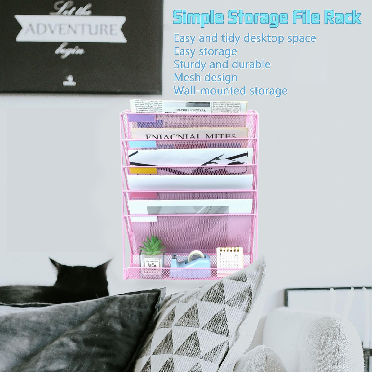 ideallife 5 Pockets Mesh Wall File Holder Organizer with Bottom Flat Tray, Office Hanging File