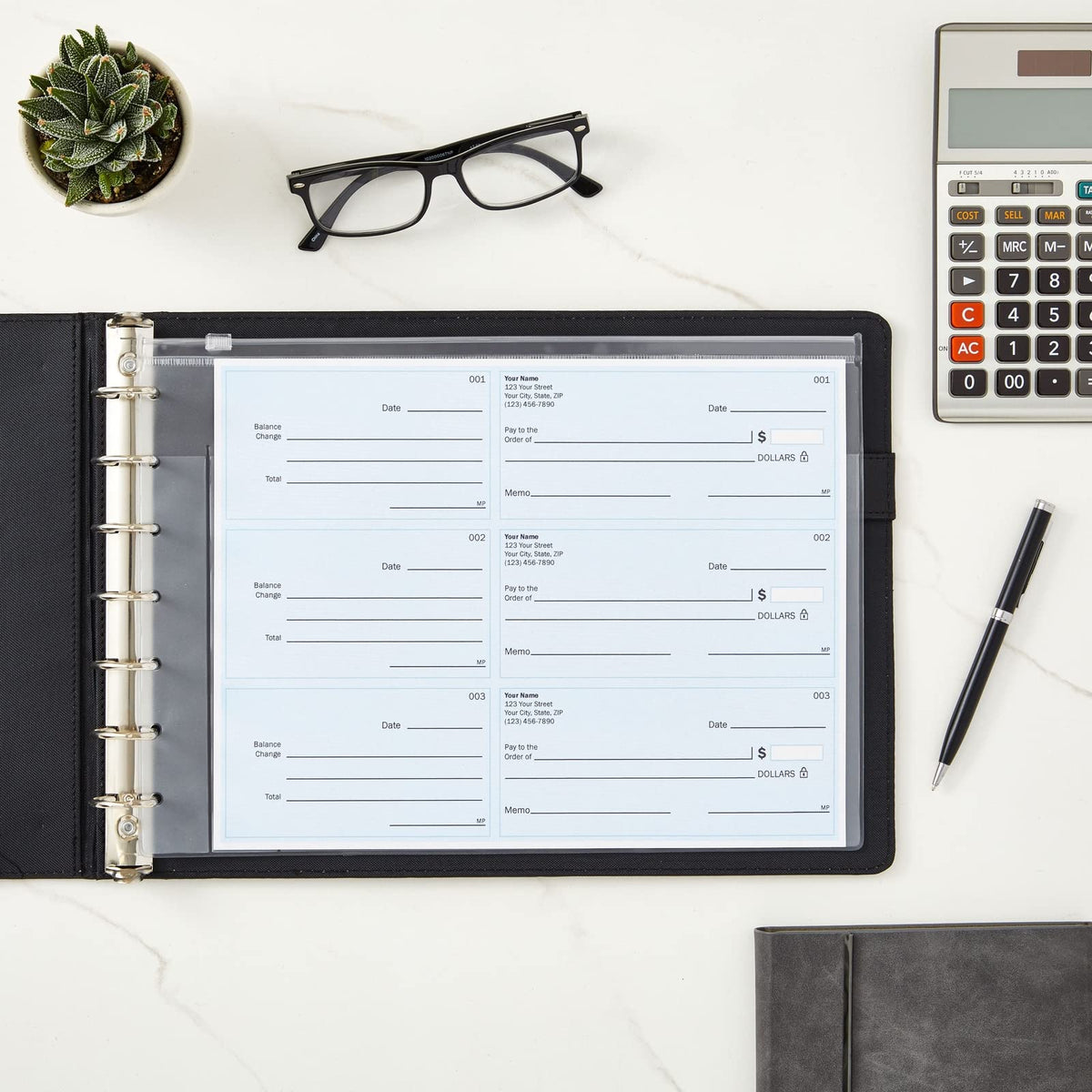Juvale Check Binder - Black Faux Leather, 7-Ring, 14 x 10 in, Fits 600 Checks - Business Checkbook