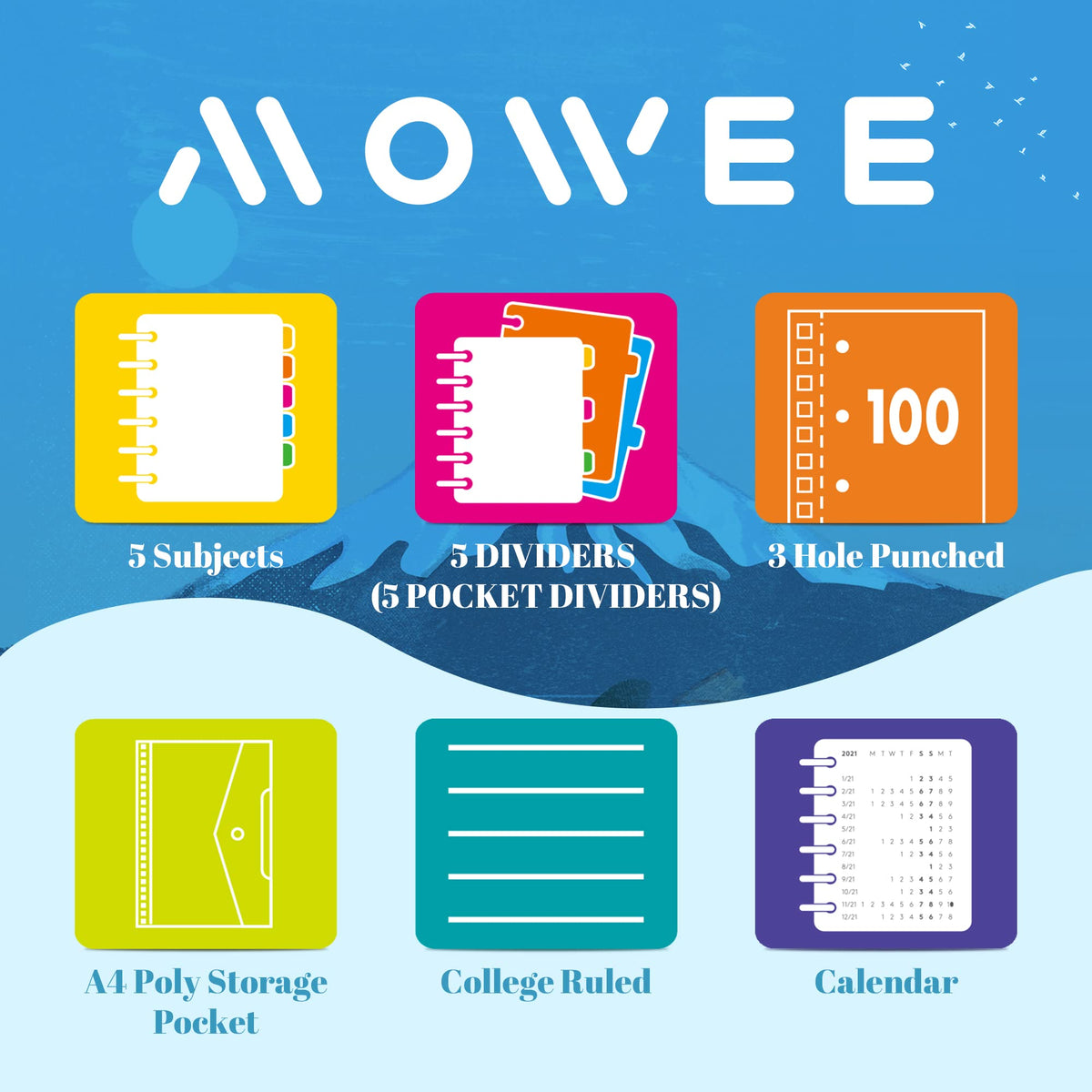 MOWEE 5 Subject Notebook, 2 Pack College Ruled Notebook with Storage Divider Pockets, Index Tabs