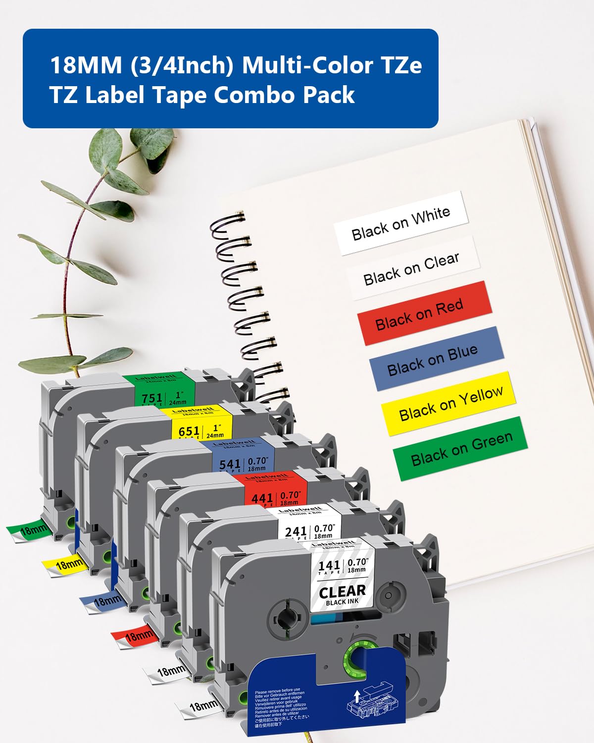 Labelwell 6-Pack TZe-241 TZ Tape 18mm 0.7 Inch Laminated Multi Color 3/4"