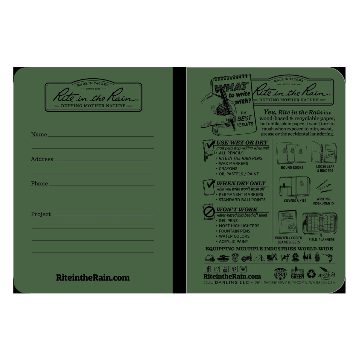 Rite in the Rain Weatherproof Mini Stapled Notebook, 3.25" x 4.625", Green Cover, Universal