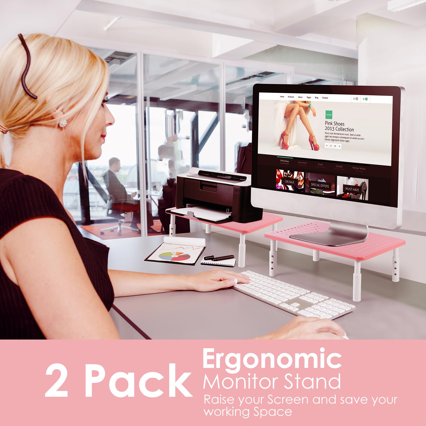 2 Pack Monitor Riser Desktop Stand Flat Screen TV Monitor Stand Pink