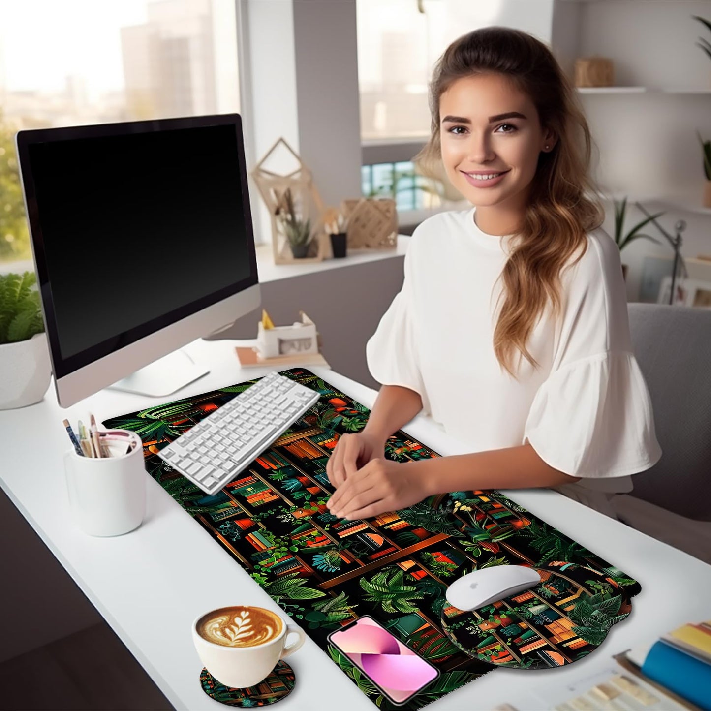 LIMKRIAN Bookshelf Mouse Pad with Wrist Rest, Plant Desk Mat Set Decor