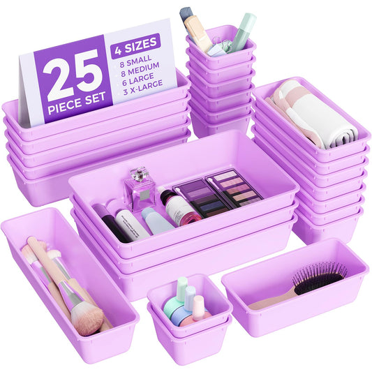BiuLeon 25 PCS Plastic Drawer Organizers Set, 4-Sizes Vanity and Makeup Organizer, Desk and