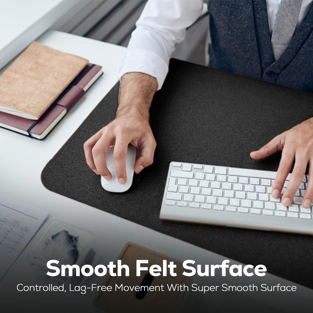 Felt Desk Mat - 31 x 15.7 Inches, Large Black Wool Desk Elbow Mouse Pad with Rugged Rubber Grip for