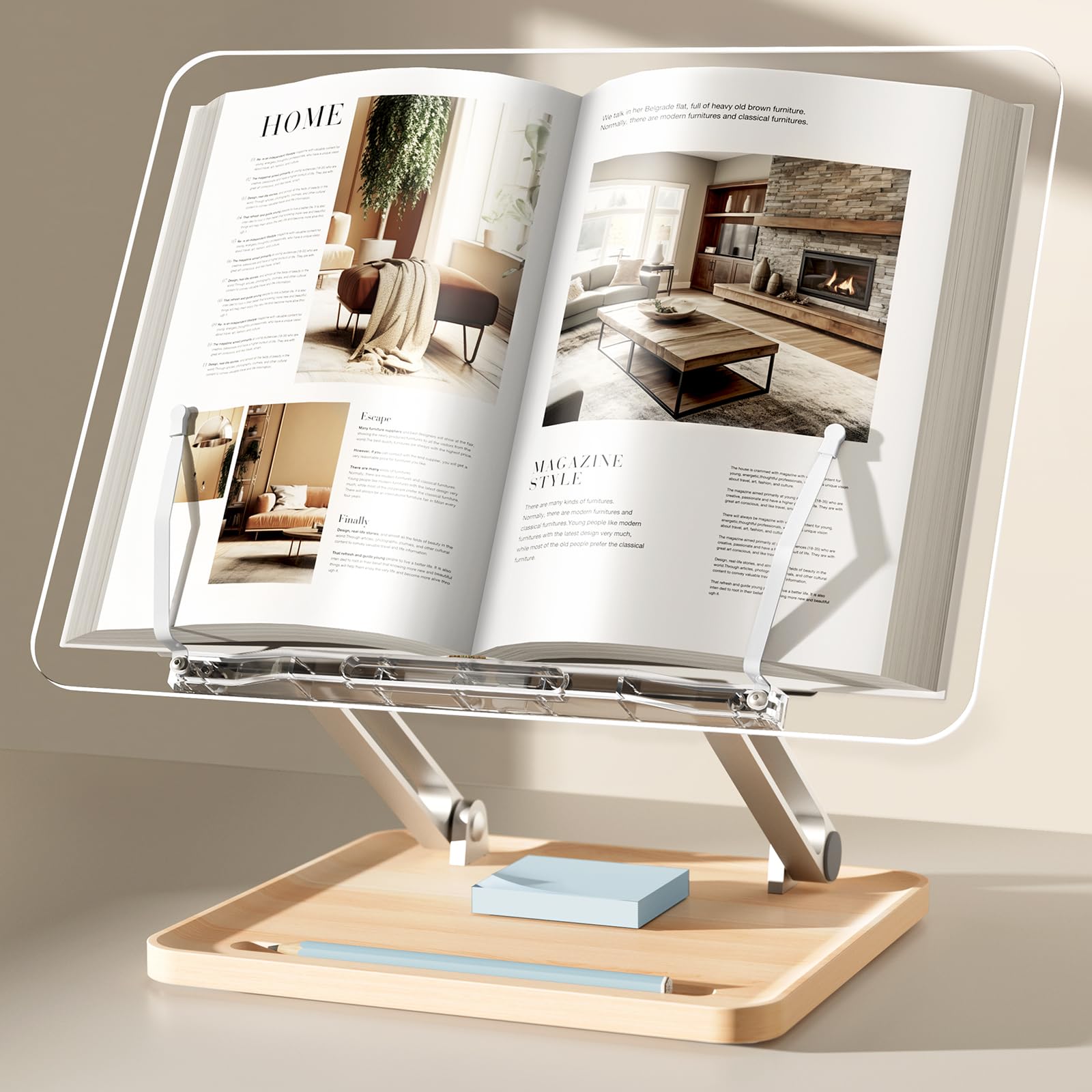 Acrylic Book Stand with Storage Base, Dual Aluminum Arm Reading Holder