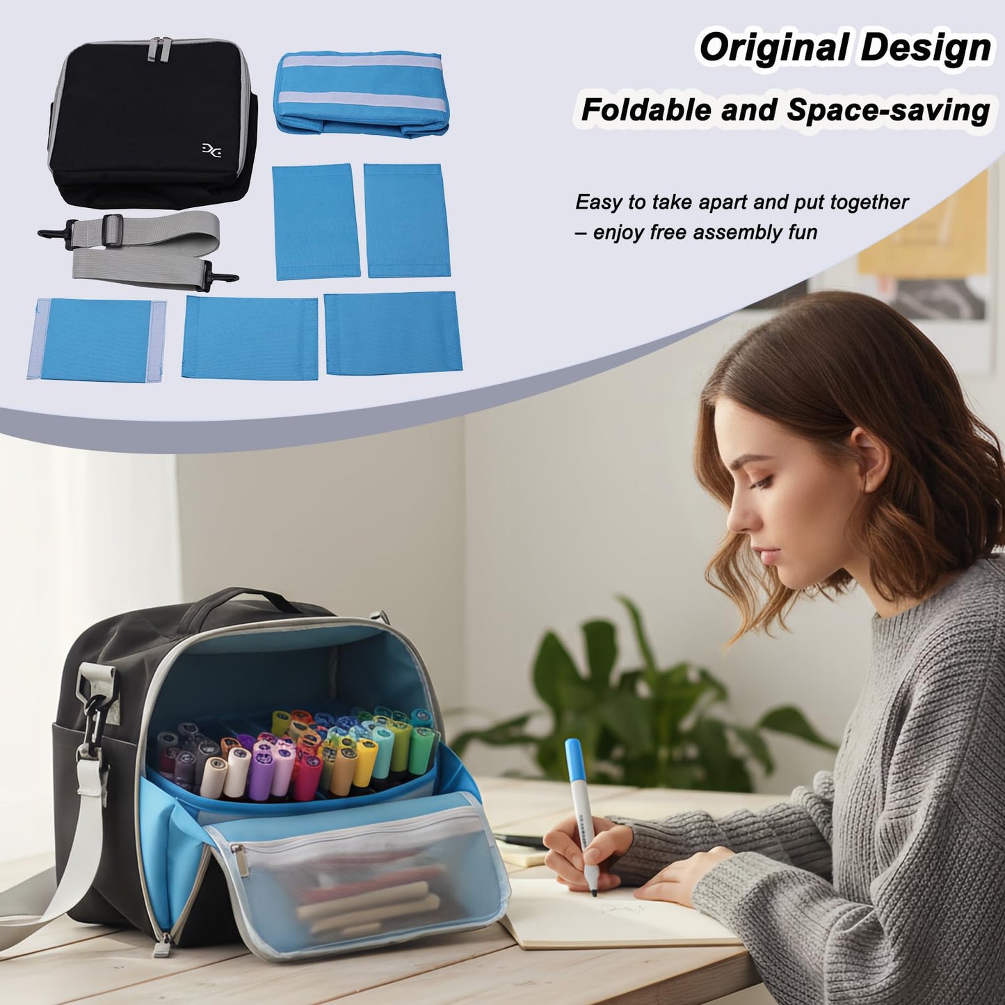 Togood Marker Organizer Bag - Large Storage Crossbody Tote for Marker Pens 130PCS+, Portable Art