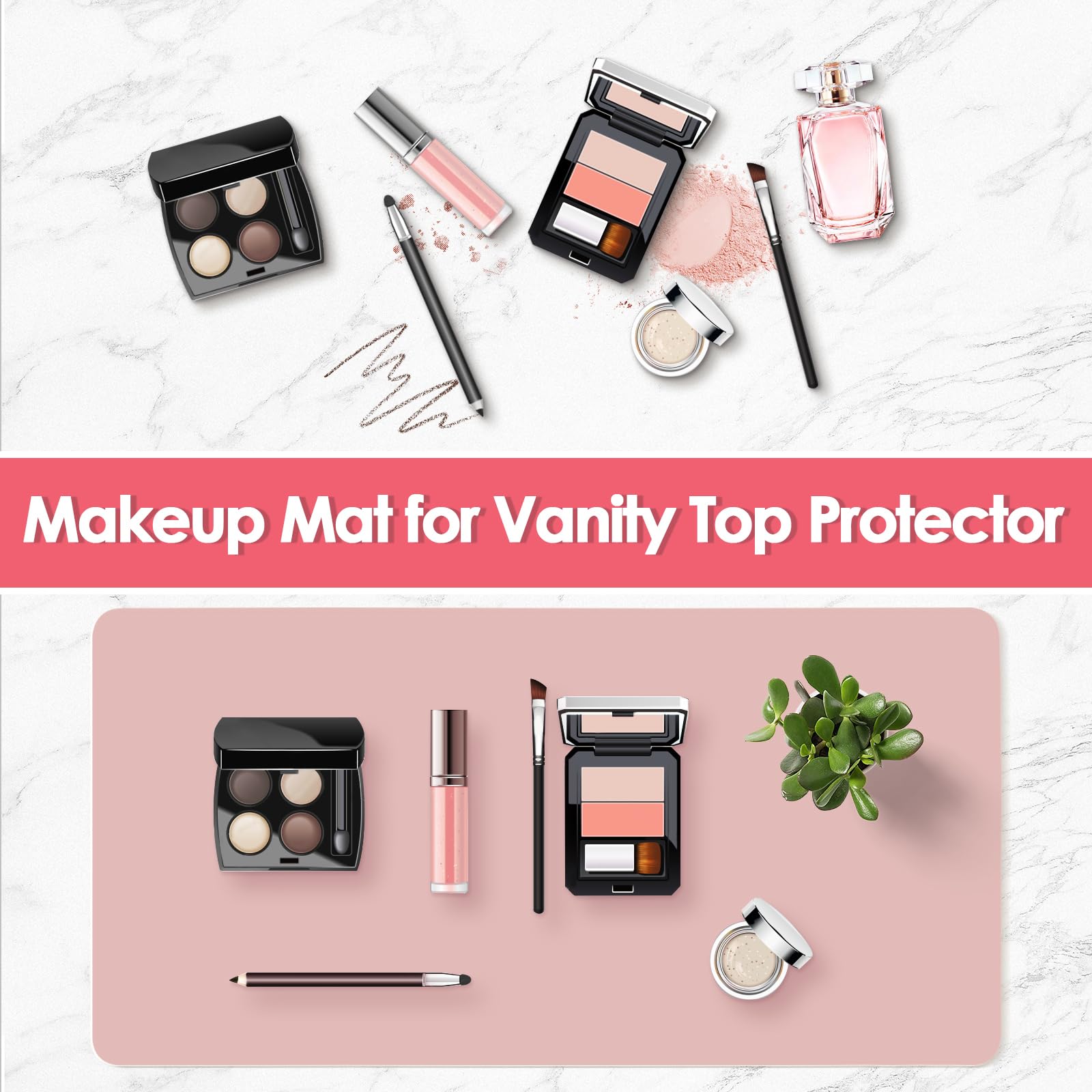 Makeup Mat for Vanity to Protect Desk Top, 31.5x15.7in, Pink and Silver