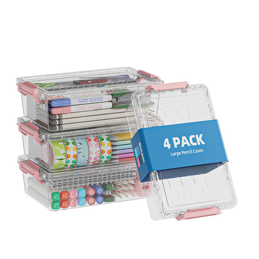 BiuLeon 4 Pack Extra Large Pencil Box, Plastic Pencil Case Organizer, Clear Crayon Box Marker