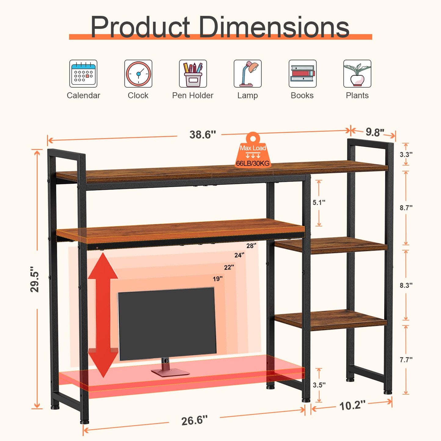 Snughome Adjustable Desk Shelf with Monitor Stand, 38.6" Desktop Organizer Hutch, Height Adjustable