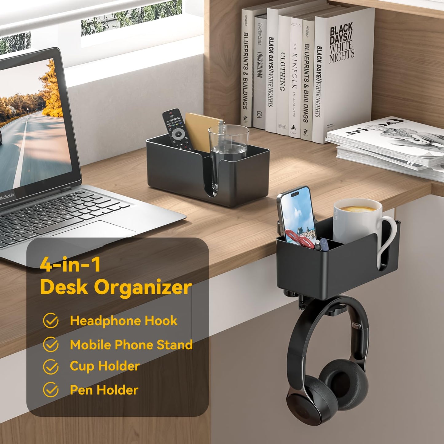 KDD 4 in 1 Desk Cup Holder - Clamp on Under Desk Headphone Hanger - Rotating Headphone Holder