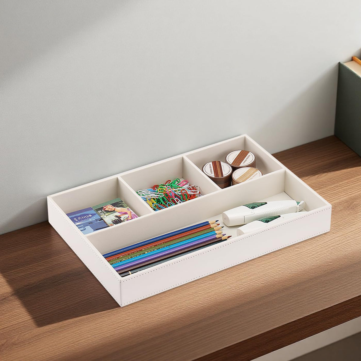 KINGFOM PU Leather Desk Drawer Organizer, 4 Compartment Office Supplies Stationery Storage Tray
