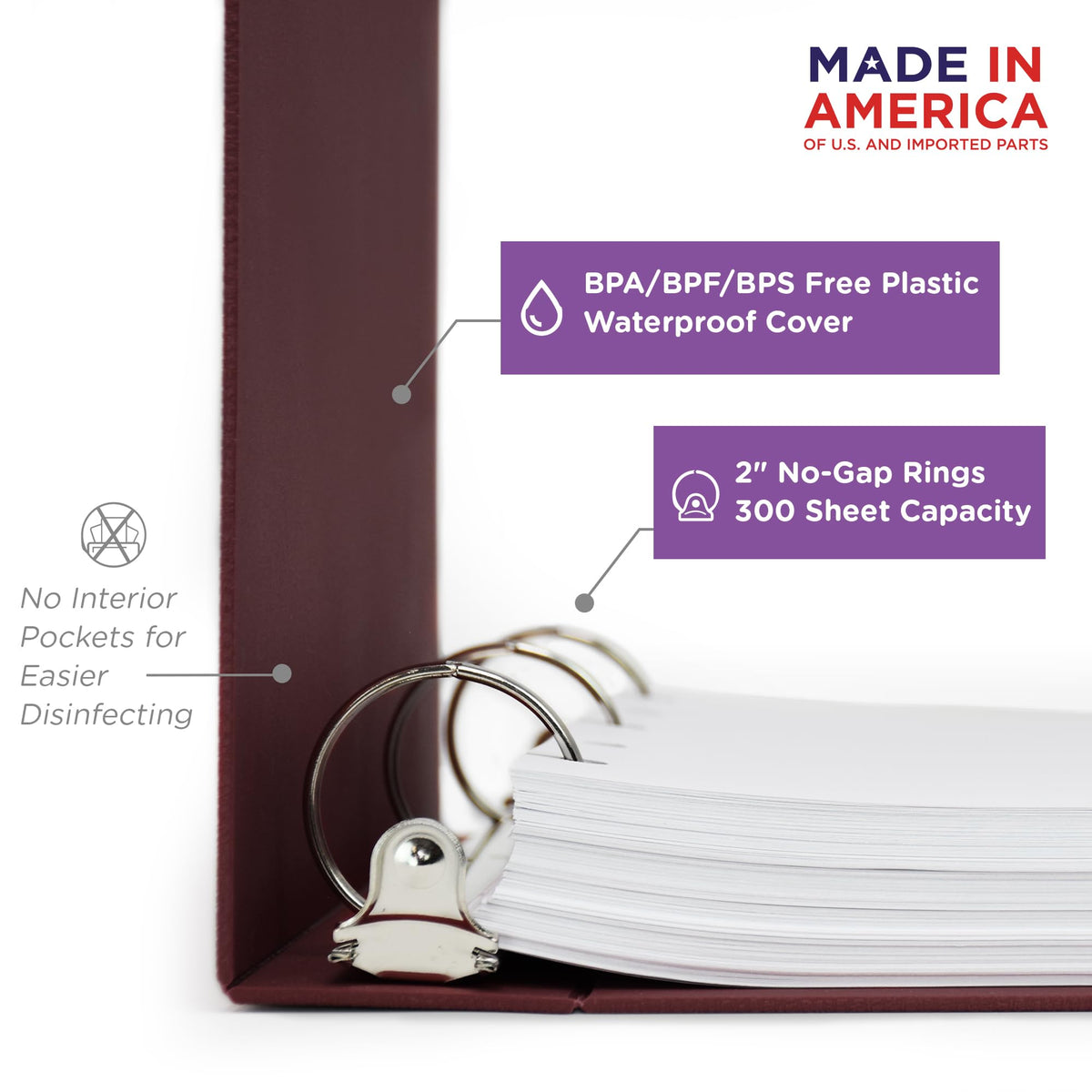 Carstens 2-Inch Heavy Duty 3-Ring Binder - Side Opening, Wine, Durable Plastic, Precision No-Gap